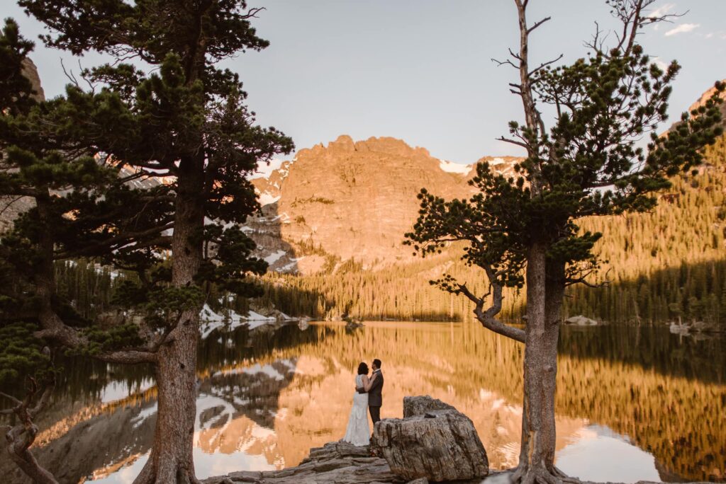 Wide view of The Loch at sunrise in Estes Park