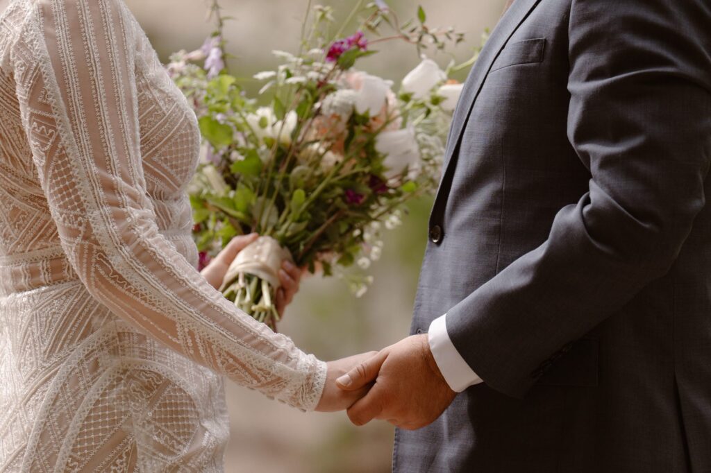 Close up of bride and groom at their June Colorado elopement