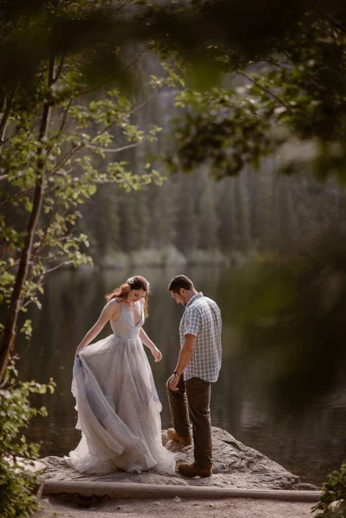 Couple dancing at Bear Lake in Rocky Mountain National Park on their wedding day