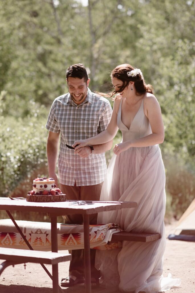 bride and groom at picnic table cutting their wedding cake