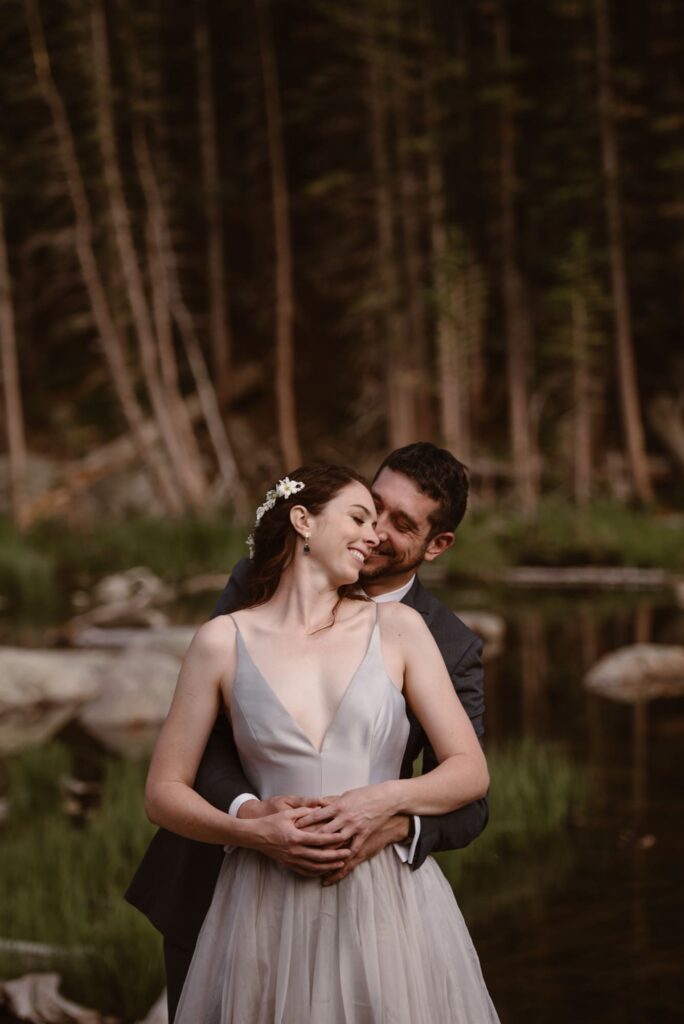 Close up and romantic photo of bride and groom