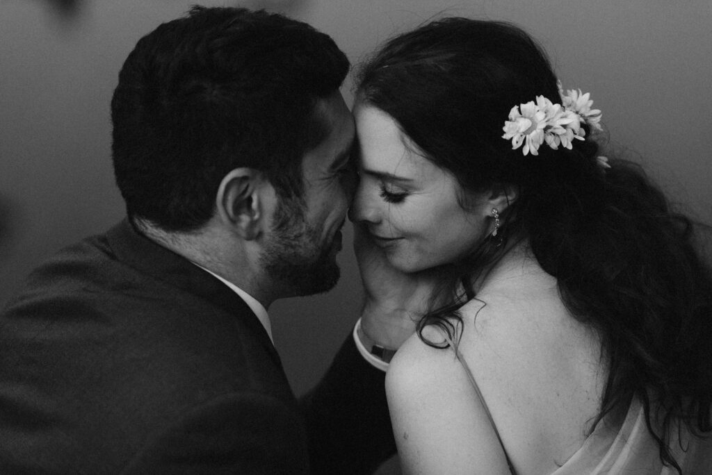 Romantic black and white bride and groom portrait