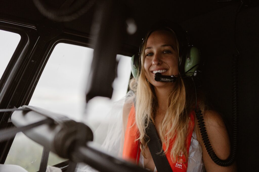 Bride on a helicopter during her elopement day