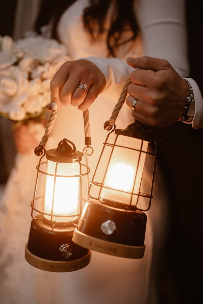 Wedding rings and lanterns
