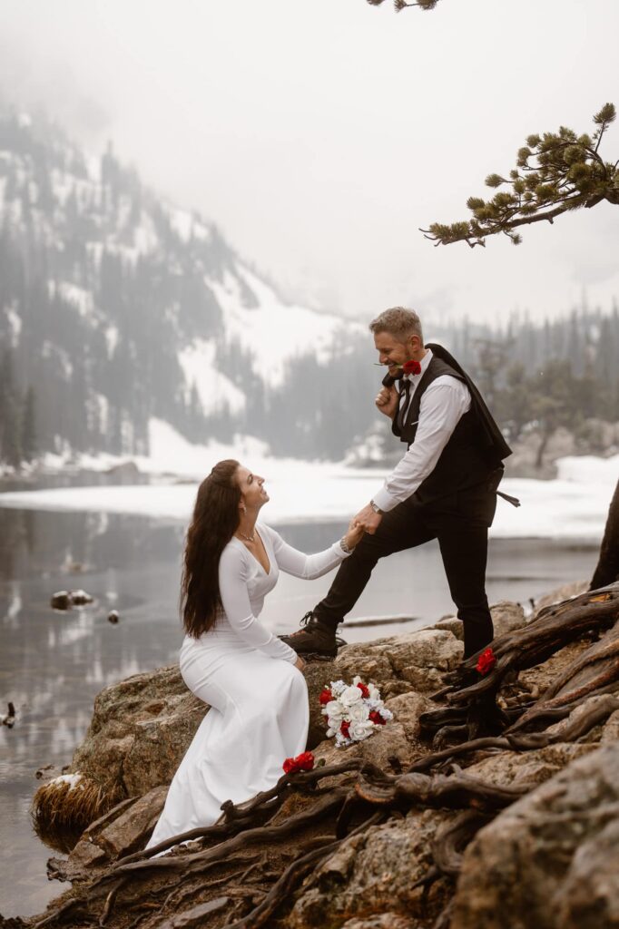 Bride and groom holding hands