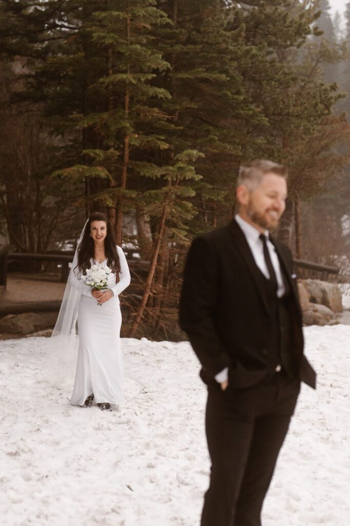 Bride walking up to groom for first look