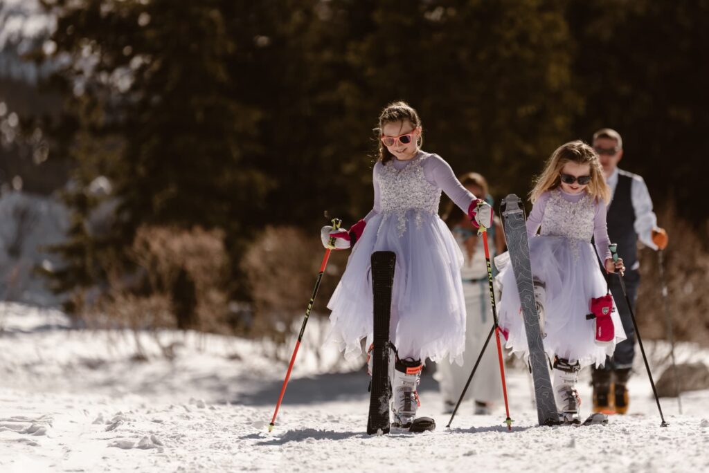 Girls being silly with their skis 