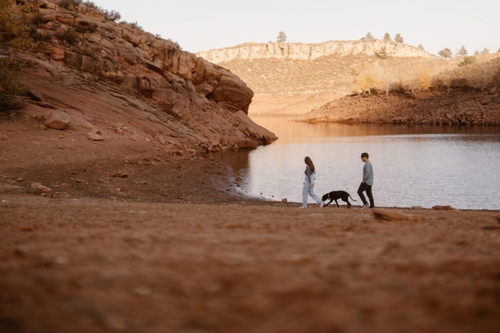 Dog and owners walking the shore of the lake