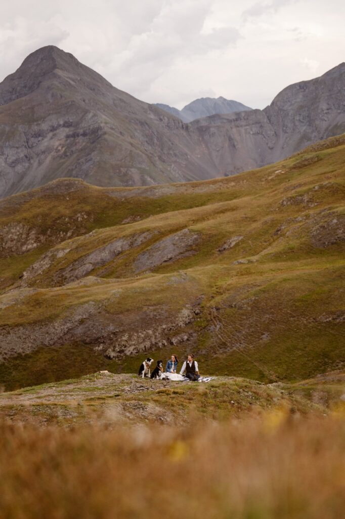 Bride and groom with their dogs in the remote mountains of Colorado