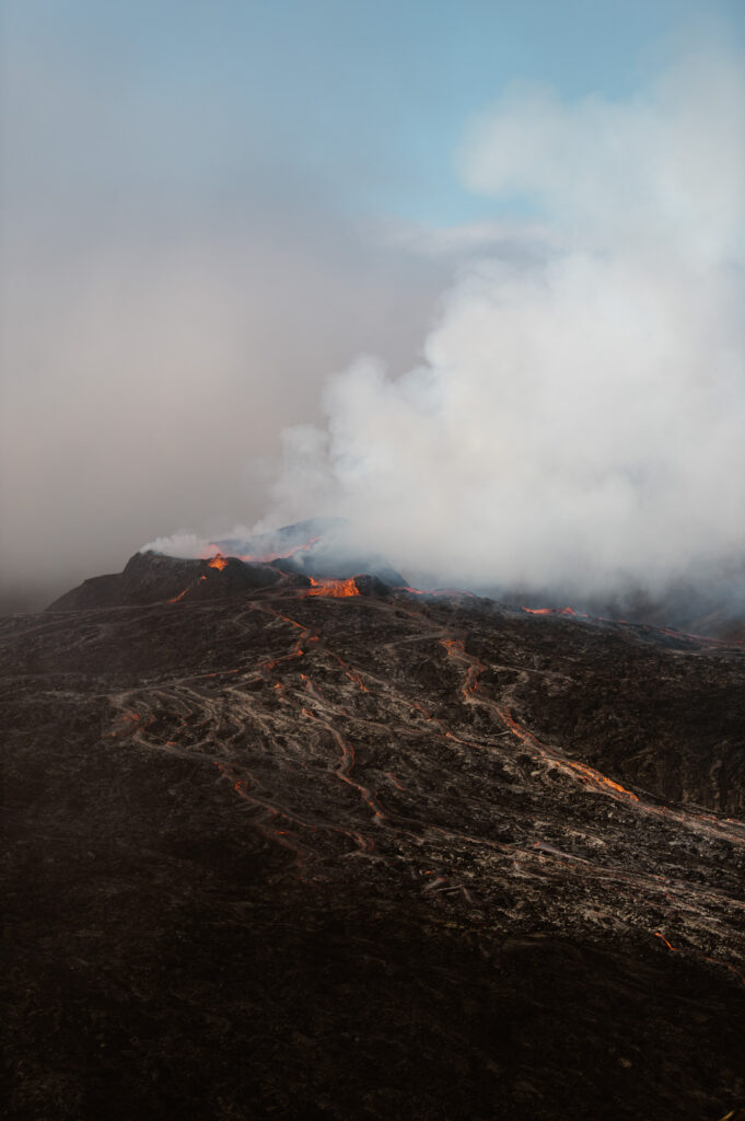 View of volcano erupting in Iceland