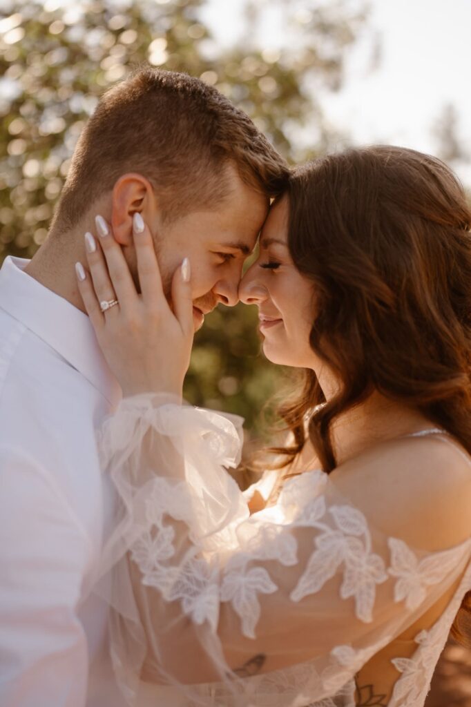 Romantic photo of bride and groom at their micro wedding