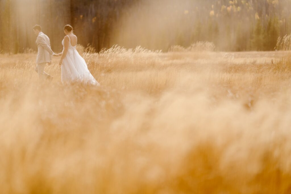 Couple walking through a field in Rocky Mountain National Park during the Fall time