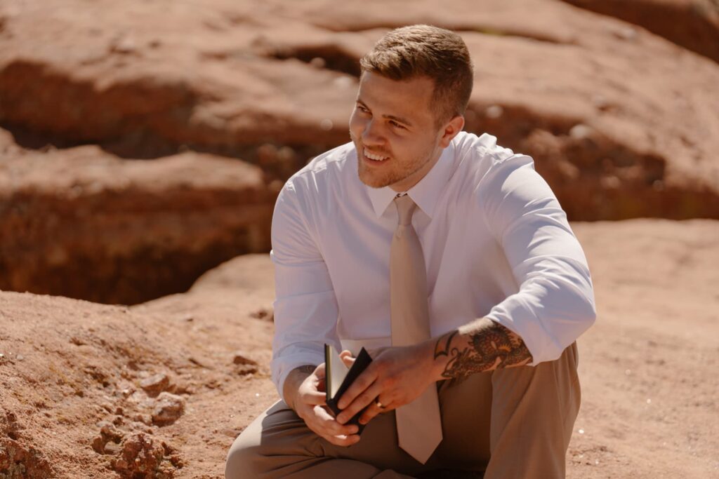 Groom looking lovingly at his bride during vow readings