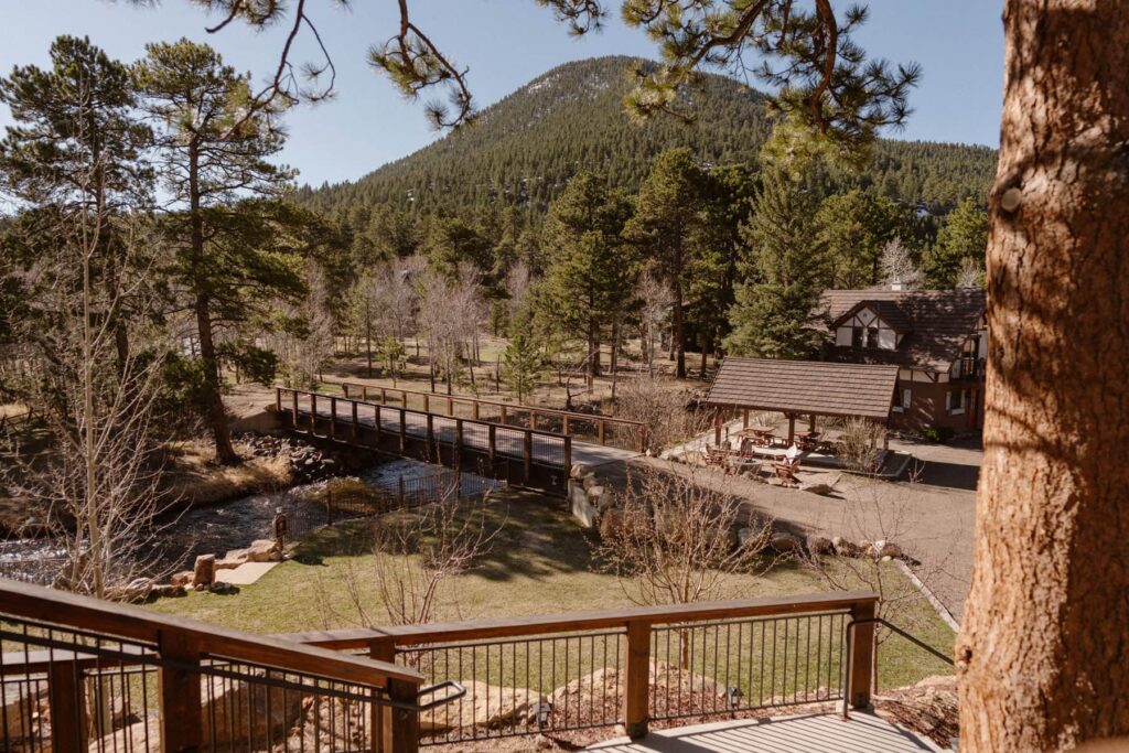 View overlooking the outdoor wedding ceremony space in Estes Park