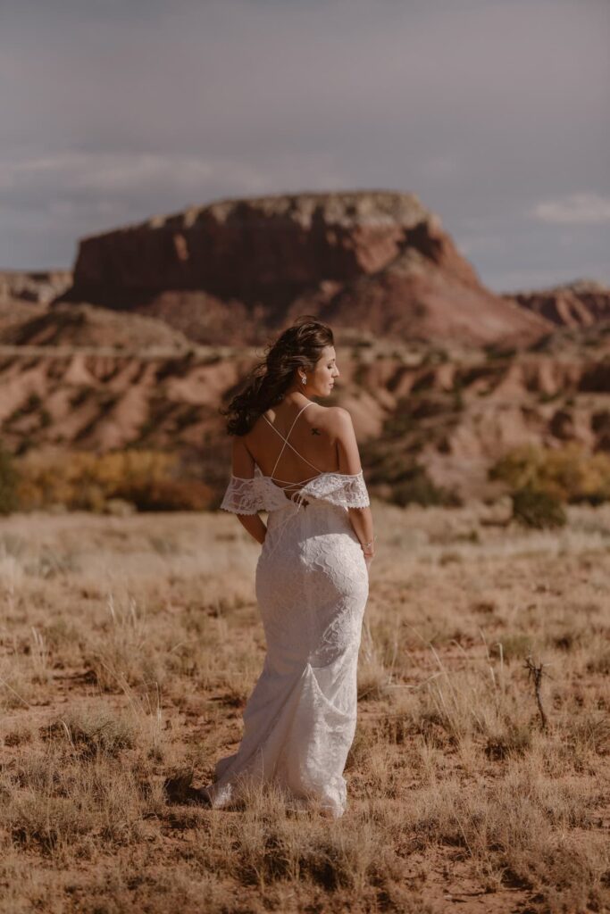 Bride in the desert with sleeveless dress