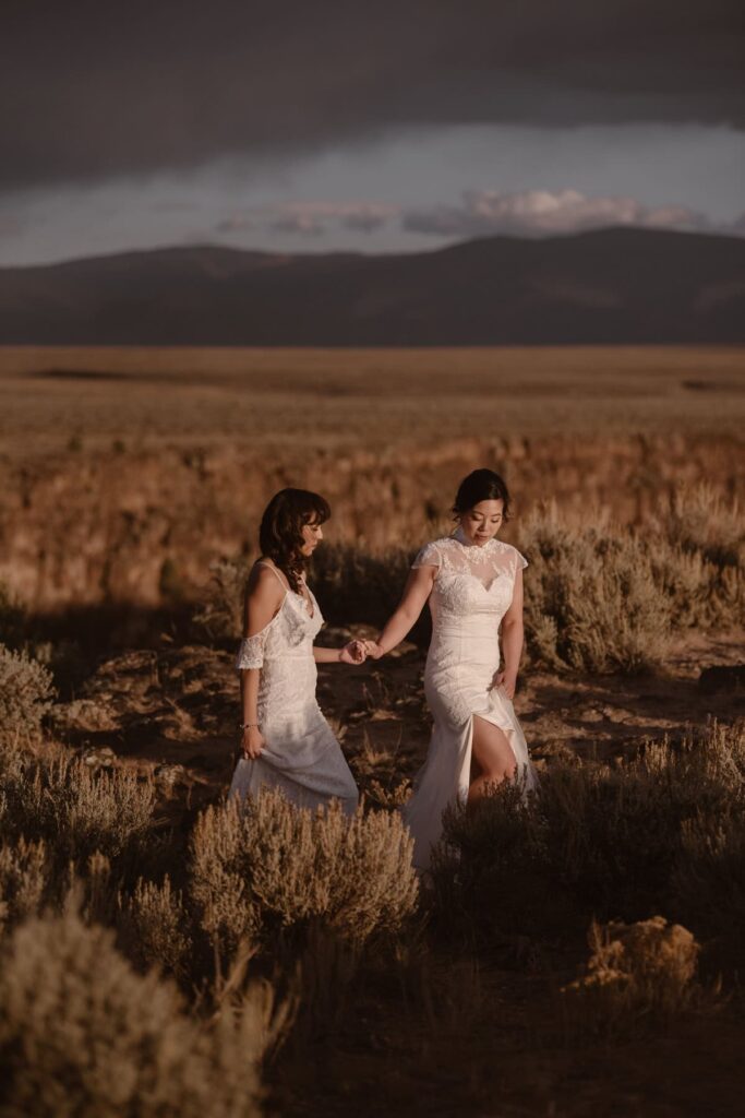 Couple walking through the New Mexico desert on their wedding day