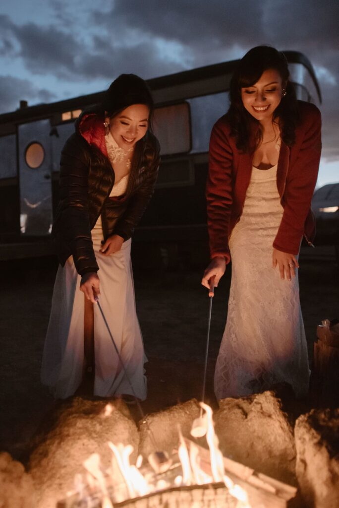 Roasting s'mores at at Hotel Luna Mystica during a wedding