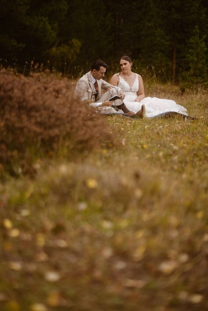 Wedding couple journaling in the meadow