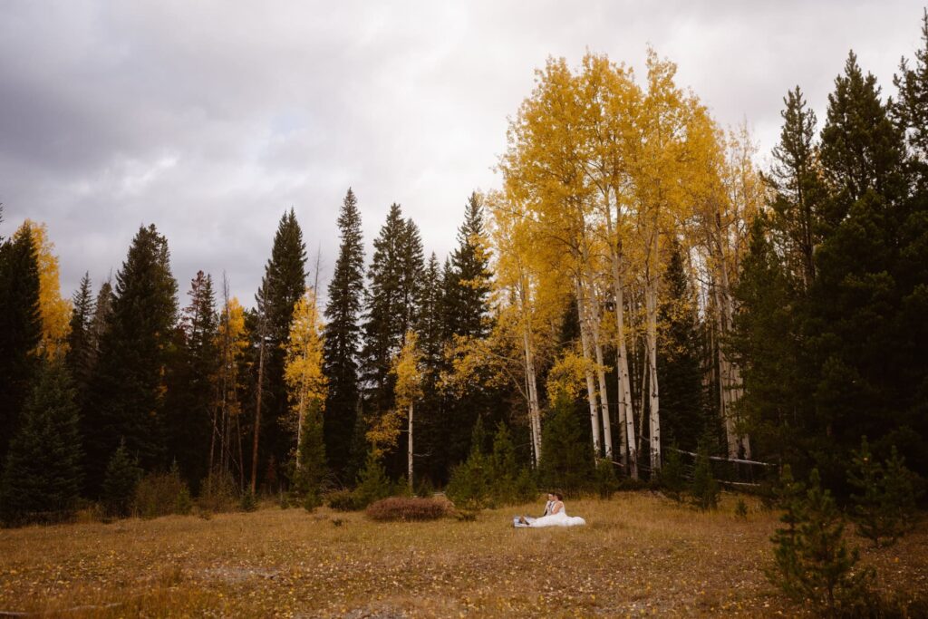 Meadow in Grand Lake with bride and groom