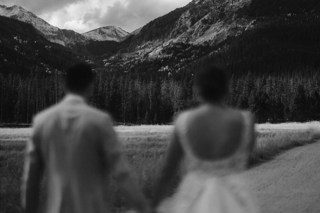 Dramatic Rocky Mountain National Park portrait of bride and groom looking off into the landscape