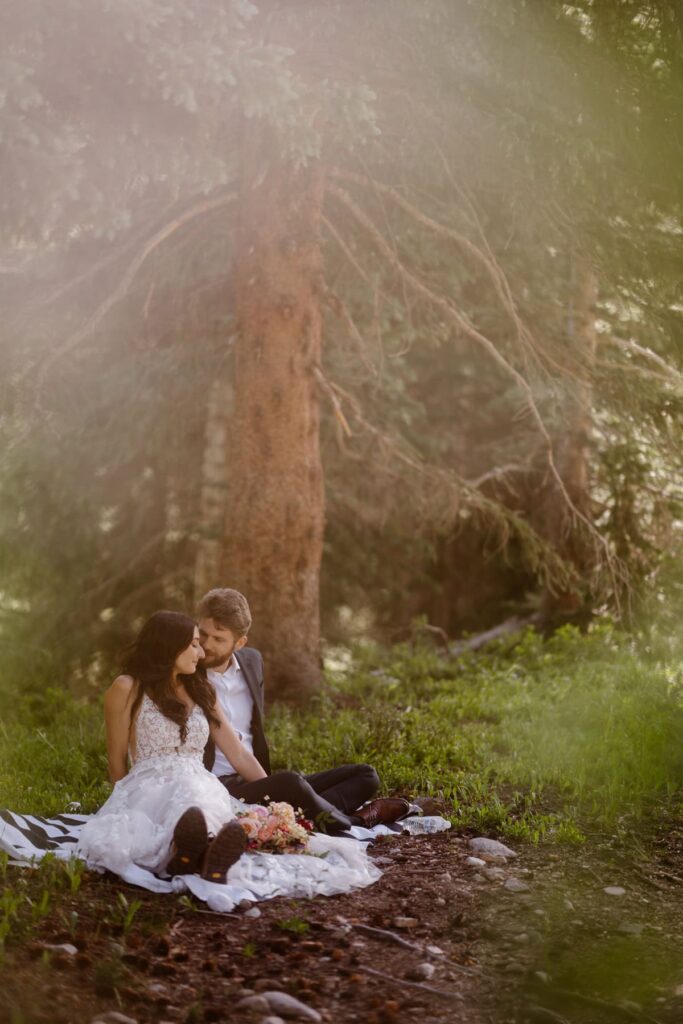 Wedding day picnic in the forest of Colorado