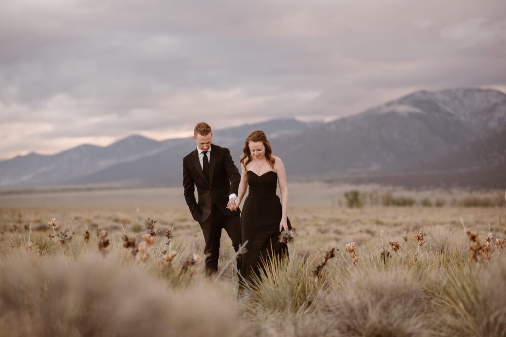 Black wedding dress and black suit couples portraits in the meadow