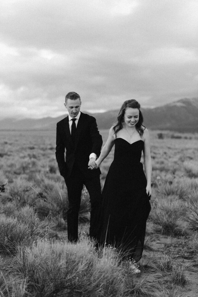 Couple wearing all black on their wedding day