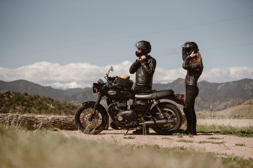 Motorcycle couple photoshoot in the mountains