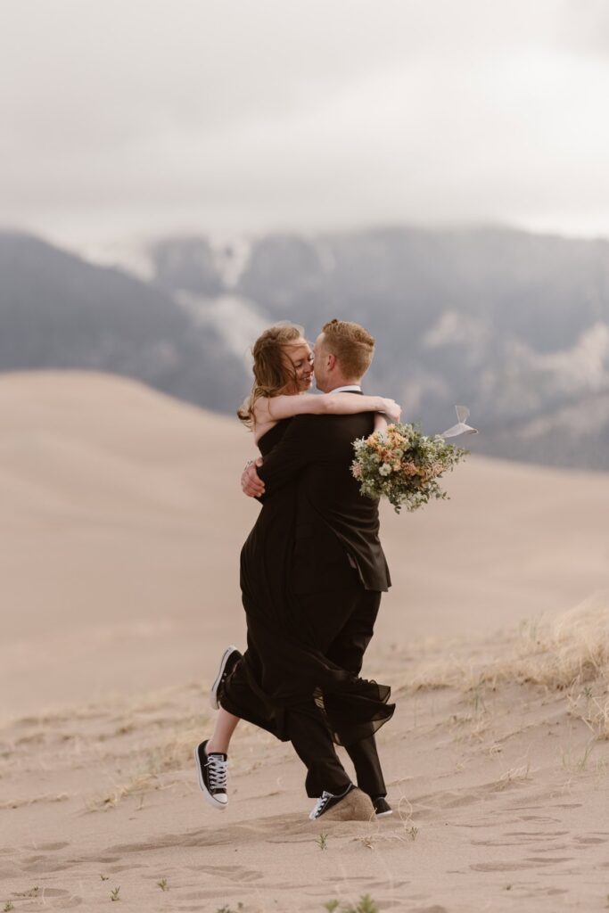 Black wedding dress at Great Sand Dunes National Park