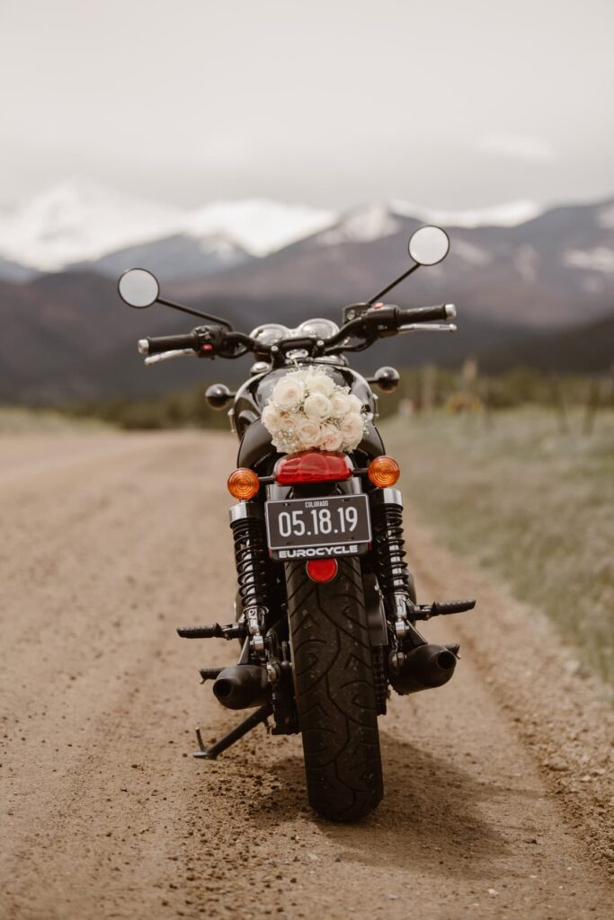 Motorbike with a wedding date license plate