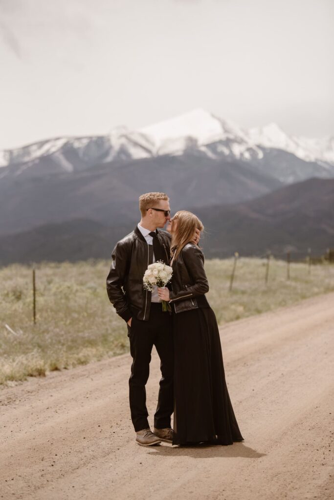 Motorcycle wedding dress in the mountains