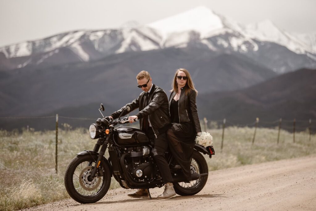 Black wedding dress and a motorbike