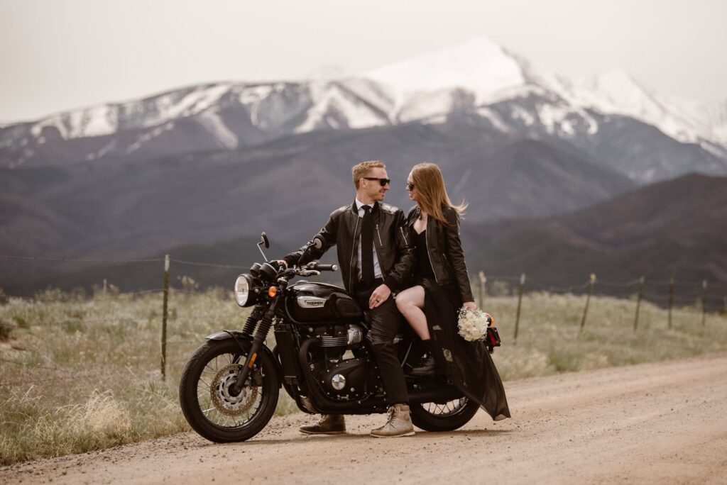 Couple takes motorbike photos on their wedding day in Colorado