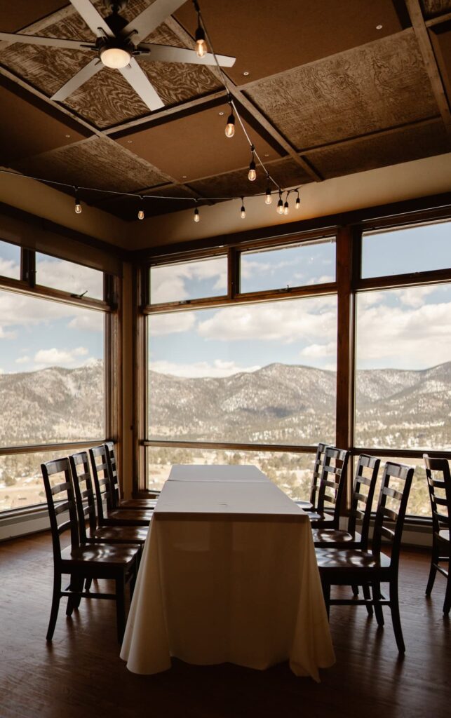 View of wedding event space with mountain views in Estes Park