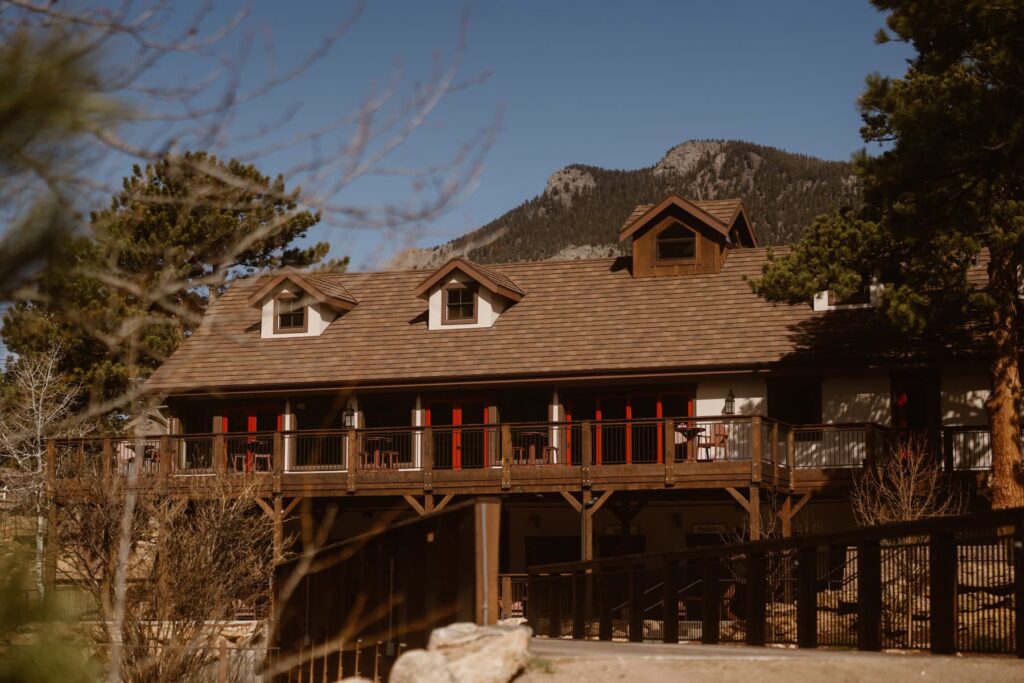 Indoor and outdoor wedding reception space in Estes Park