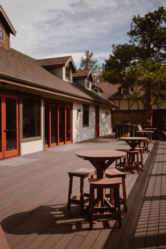 View of outdoor seating for wedding reception or cocktail hour