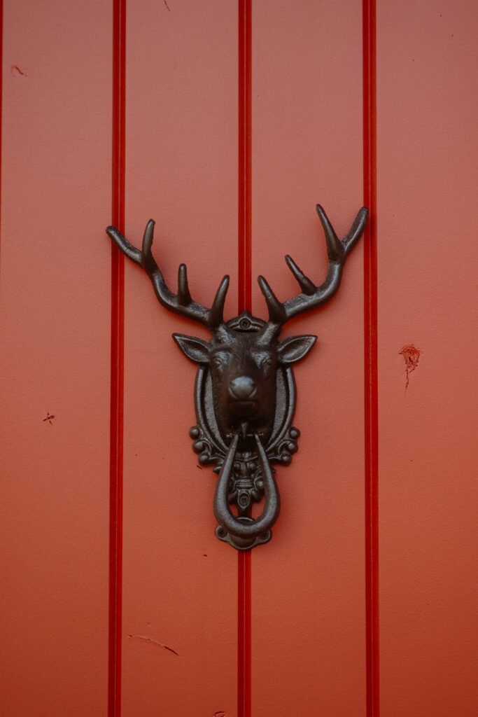 Red front door to the lodging with an elk