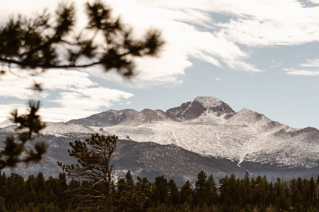 View of snowy Longs Peak from Upper Beaver Meadow in RMNP