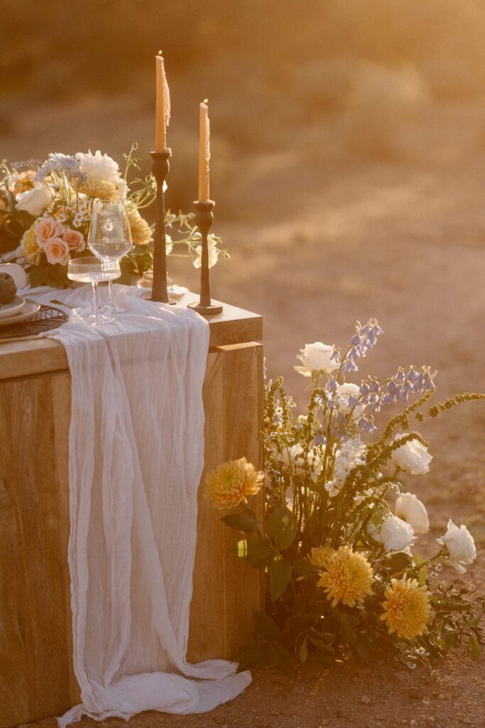 Romantic elopement dinner tablescape in the desert