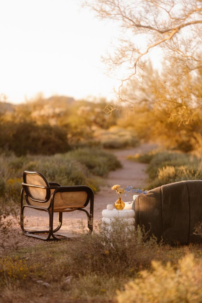 Outdoor seating for wedding cocktail hour at Lost Dutchman State Park