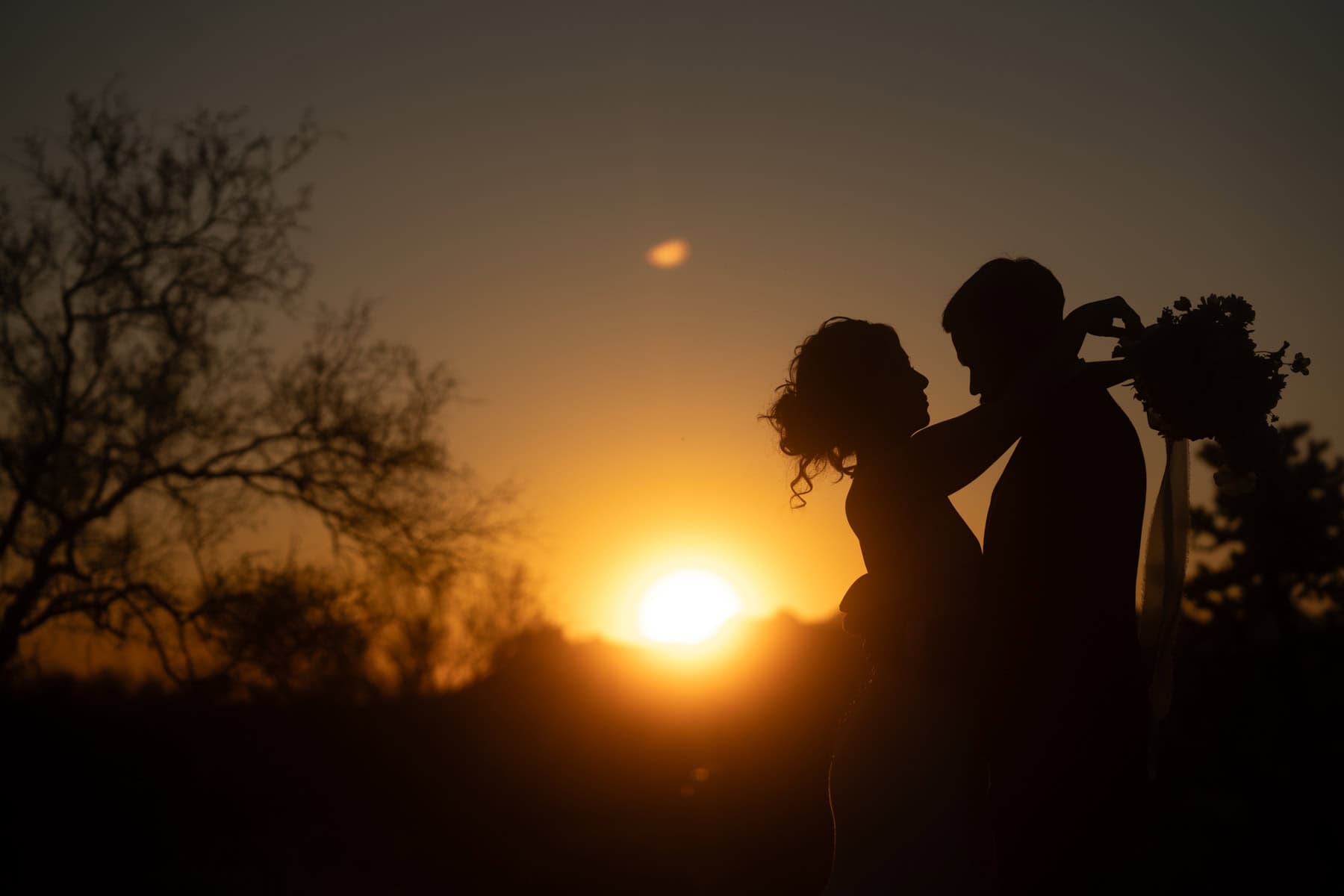 Silhouette of bride and groom in the desert sunset