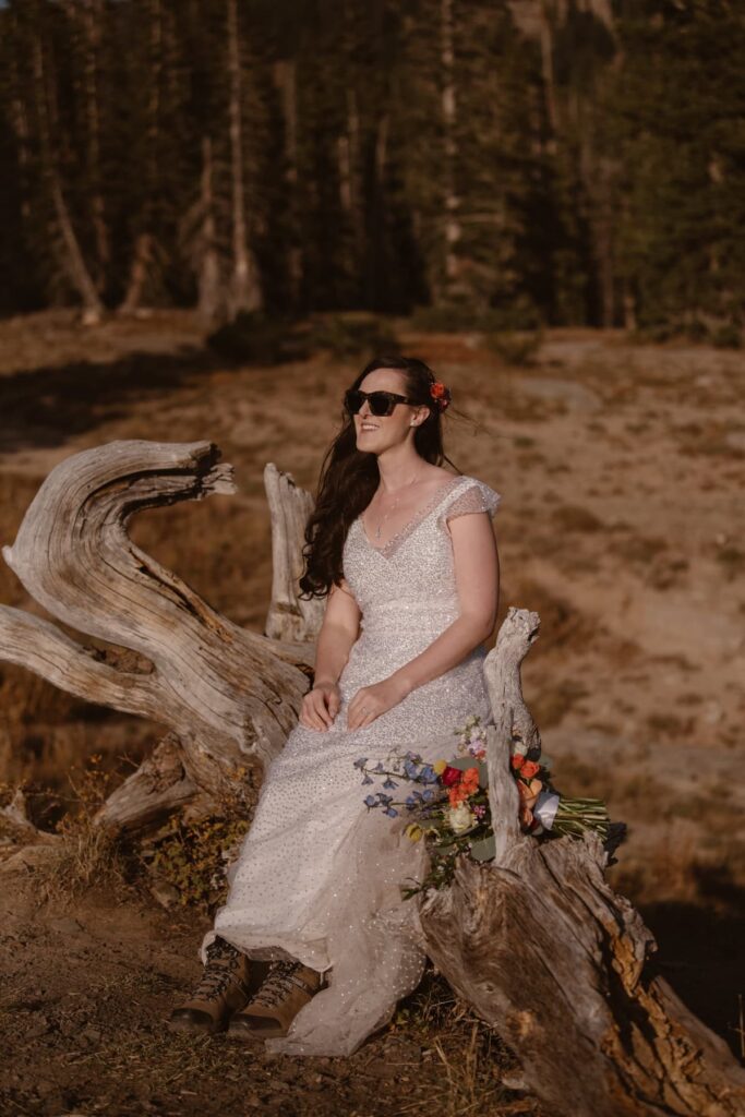 Bride and her sunglasses, outside, sitting on a log