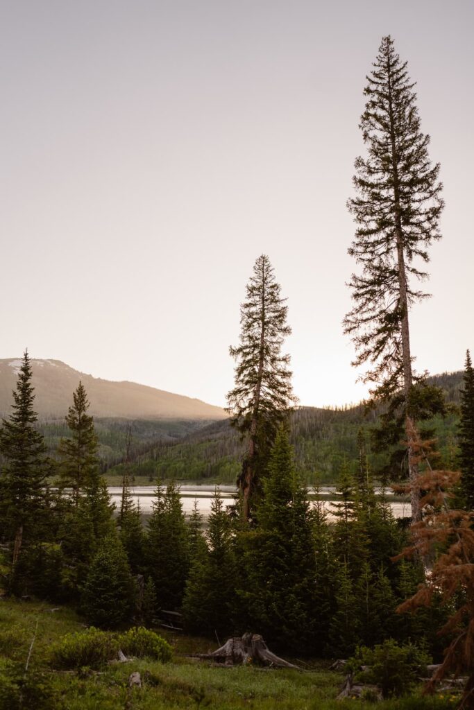 View of Pearl Lake in Steamboat Springs, Colorado at sunrise