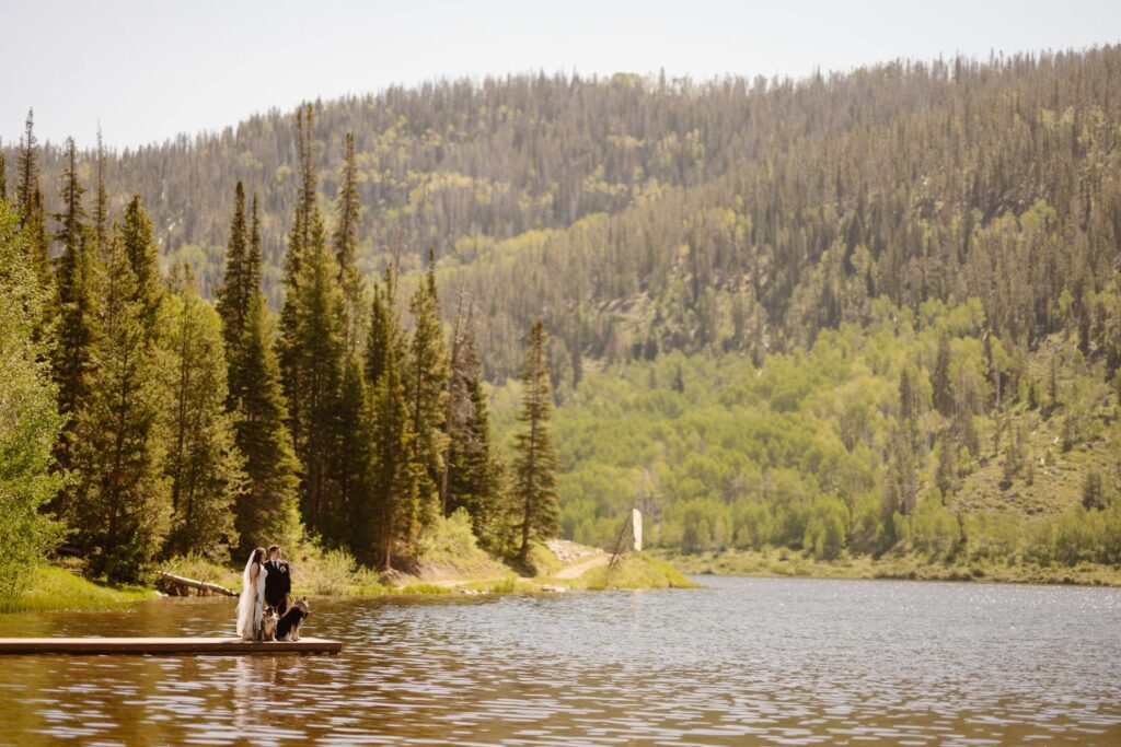 Wedding photos on the dock at Pearl Lake in Steamboat Springs, CO