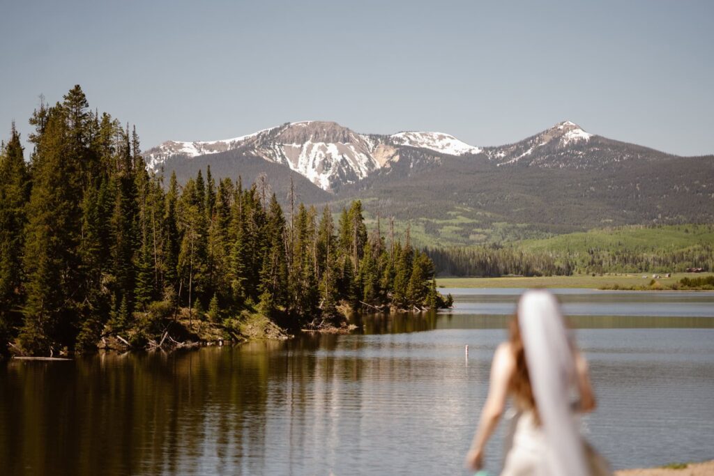 View of mountains from Steamboat Lake in Colorado