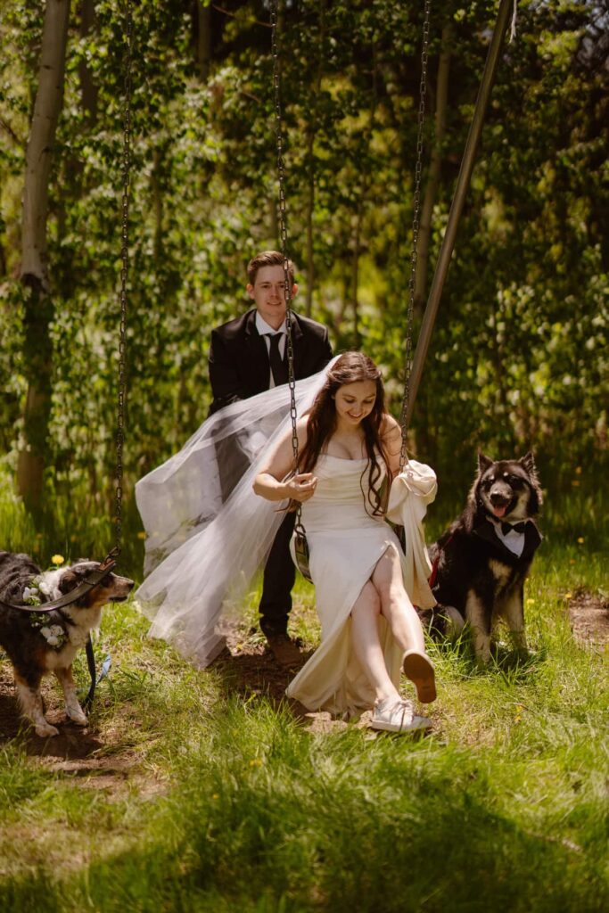 Groom pushing his bride on a swing with two dogs