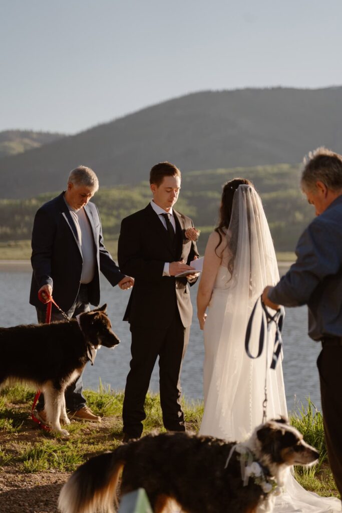 Couple exchanging vows with their dogs at the lake