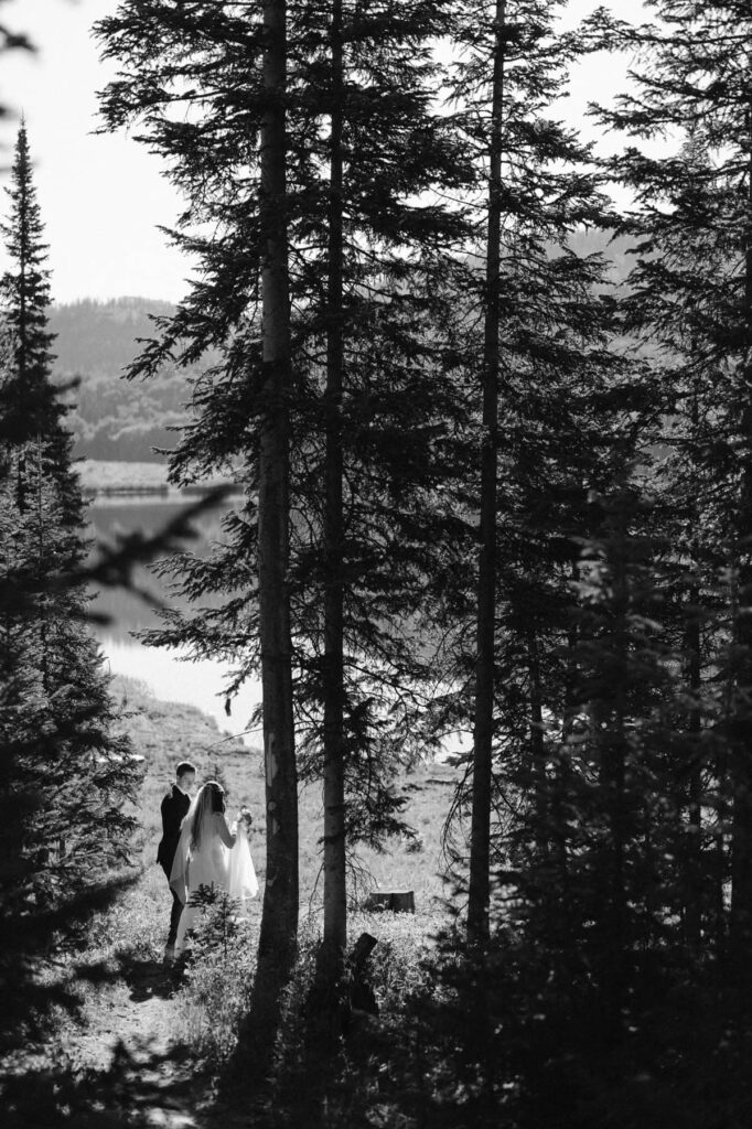 Bride and groom hiking through Colorado forest