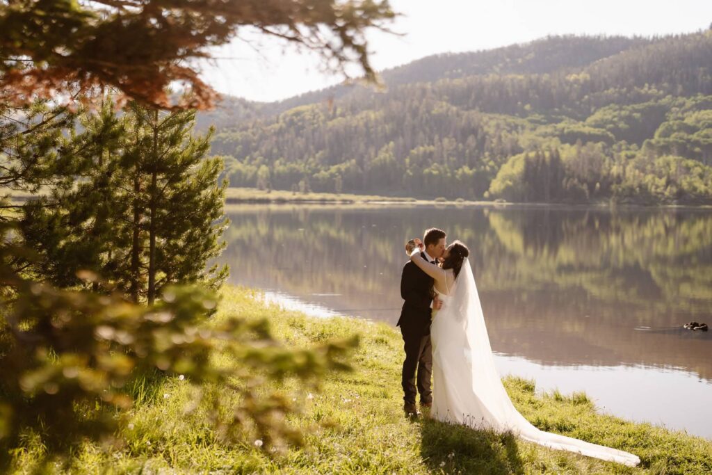 Bridal photos at a lake near Steamboat Springs, Colorado