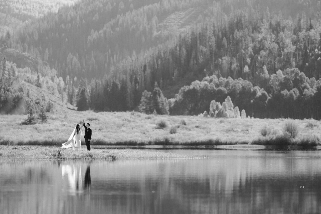 Romantic bride and groom photos at Pearl Lake in Colorado